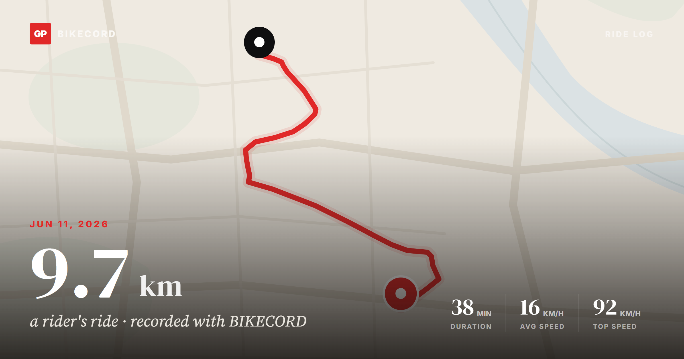 BIKECORD ride card shared in chat — 9.7km route and stats